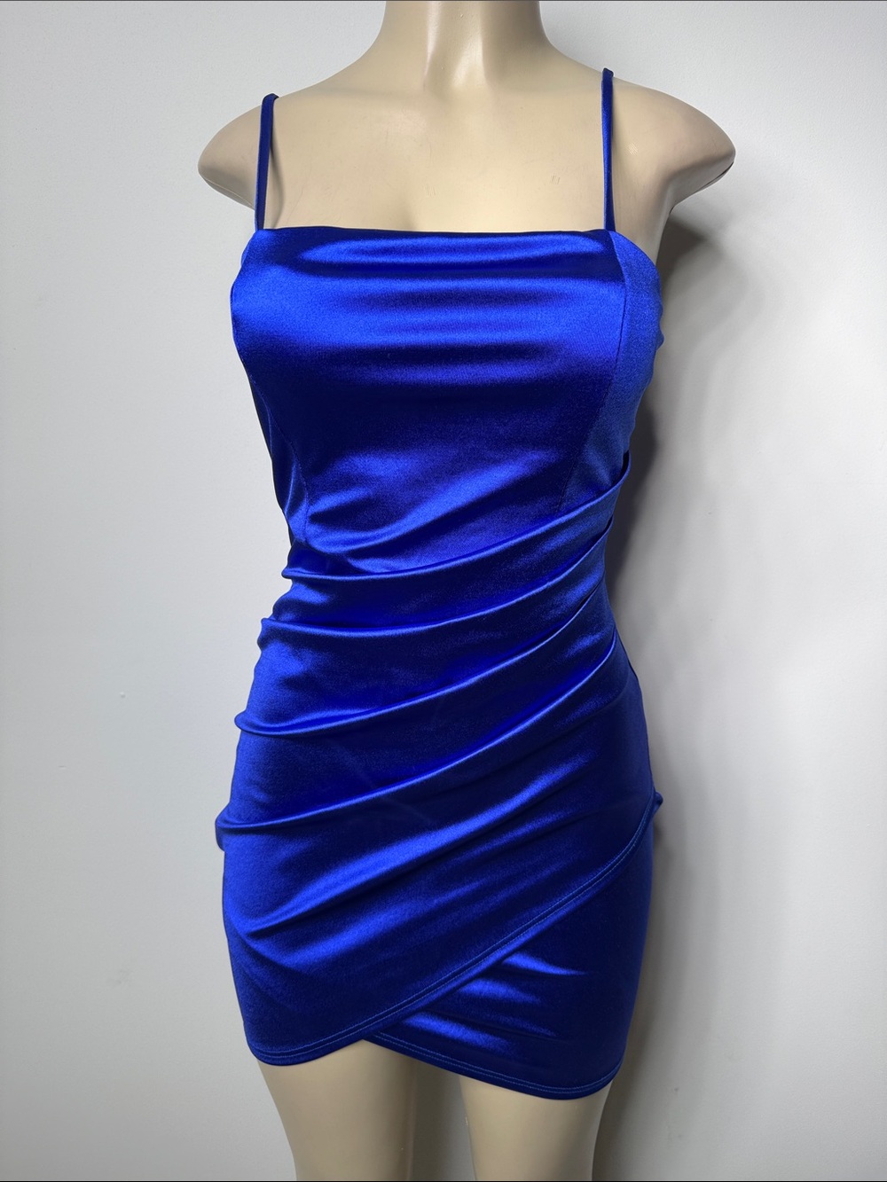Windsor Cowl Neck Royal Blue Satin Ruched Mini Dress